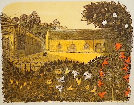 Robert Taverner (1920-2004), linocut, 'Tithe Barn and Lilies', signed in pencil, limited edition 8/70, 49 x 61cm. Condition - fair to good